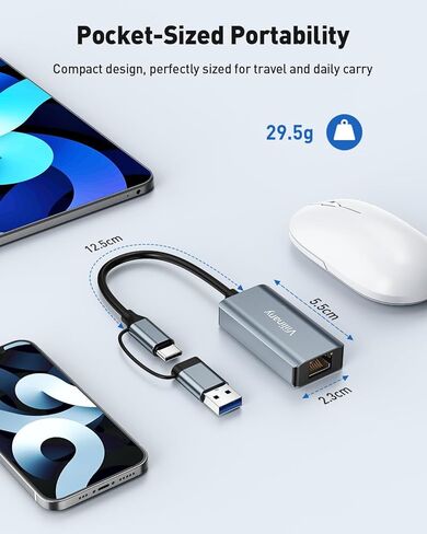 2-in-1 USB 3.0 and USB C to Ethernet Adapter, Gigabit RJ45 LAN Network Dongle 1000Mbps, Aluminum Alloy, Compatible with Windows, MacOS, Linux in Saudi Arabia