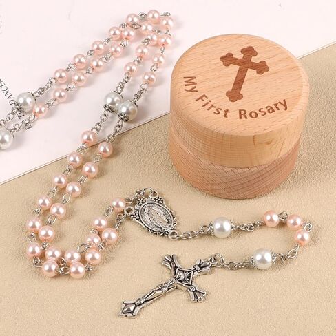 My First Rosary Baptism Gifts Rosary Catholic Keepsake Box for Baby Shower First Communion Christian Beads Gifting Set (Pink) in Kuwait