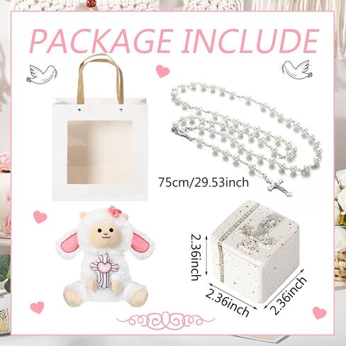 Simgoing 5 Pcs First Communion Catholic Baptism Gift Cross Stuffed Lamb with My First Rosary Baptism Rosary Gift for Goddaughter Religious Christening Keepsake with Box Card Handbag for Godparents in Kuwait