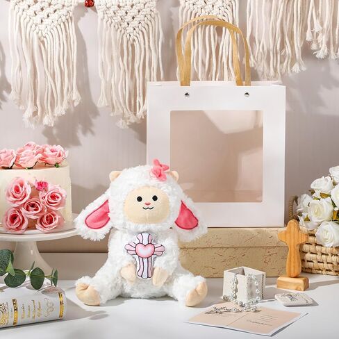 Simgoing 5 Pcs First Communion Catholic Baptism Gift Cross Stuffed Lamb with My First Rosary Baptism Rosary Gift for Goddaughter Religious Christening Keepsake with Box Card Handbag for Godparents in Kuwait