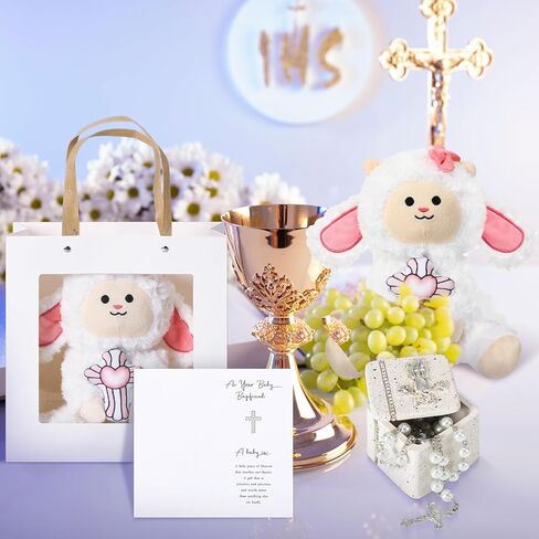 Simgoing 5 Pcs First Communion Catholic Baptism Gift Cross Stuffed Lamb with My First Rosary Baptism Rosary Gift for Goddaughter Religious Christening Keepsake with Box Card Handbag for Godparents in Kuwait