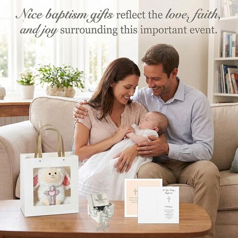 Simgoing 5 Pcs First Communion Catholic Baptism Gift Cross Stuffed Lamb with My First Rosary Baptism Rosary Gift for Goddaughter Religious Christening Keepsake with Box Card Handbag for Godparents in Kuwait