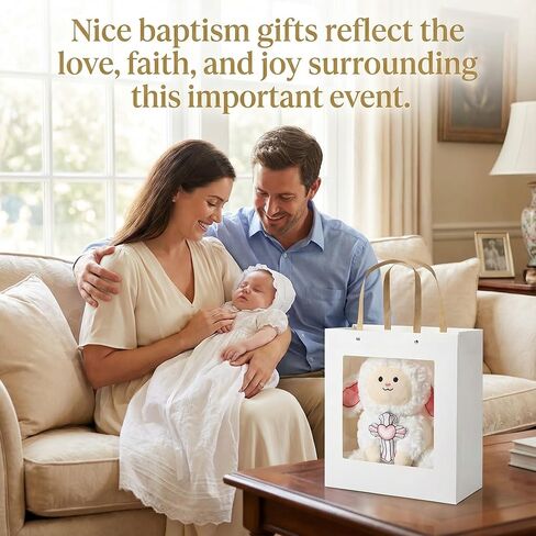 Simgoing 5 Pcs First Communion Catholic Baptism Gift Cross Stuffed Lamb with My First Rosary Baptism Rosary Gift for Goddaughter Religious Christening Keepsake with Box Card Handbag for Godparents in Kuwait