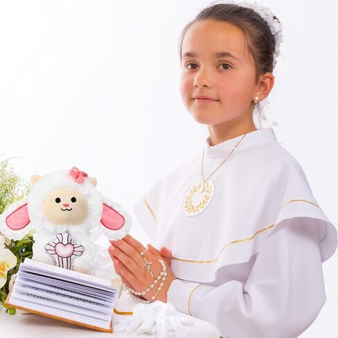 Simgoing 5 Pcs First Communion Catholic Baptism Gift Cross Stuffed Lamb with My First Rosary Baptism Rosary Gift for Goddaughter Religious Christening Keepsake with Box Card Handbag for Godparents in Kuwait