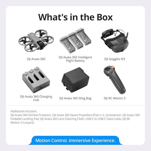 مجموعة DJI Avata 360 Motion Fly More Combo، طائرة بدون طيار 360 درجة مع تصوير 1 بوصة 8K 360 درجة، كاميرا بدون طيار 360 درجة مع واقي المروحة. تشتمل على Goggles N3 وRC Motion 3 للتحكم البديهي في الحركة، وخطة رعاية مدينة نيويورك لمدة عام والمزيد in Kuwait