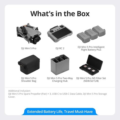 DJI Mini 5 Pro Fly More Combo Plus مع DJI RC 2، طائرة بدون طيار مع فيديو 4K، وقت طيران 36 دقيقة، حزمة 3 بطاريات مع 12 حقيبة DJI NY، خطة رعاية NYC لمدة عام والمزيد in Kuwait