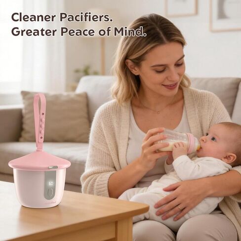 معقم اللهاية المحمول من MomMed مع شاشة ذكية، أوضاع تطهير مزدوجة 60/180 ثانية، إيقاف تلقائي، حافظة حامل اللهايات بالأشعة فوق البنفسجية لهايات الأطفال والعضاضات وحلمات الزجاجة والمزيد (وردي) in Kuwait