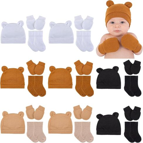 8 Pack Newborn Preemie Mittens Hats Socks Set - Unisex Beanie with Bear Ears,Cotton,NICU Essentials for Baby Girl Boy in Kuwait