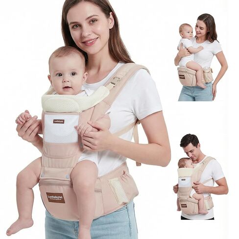 Baby Carrier with Hip Seat, 6-in-1 Baby Carrier Newborn to Toddler, Adjustable Detachable Infant Toddler Carrier, Hands-Free Baby Holder, All Seasons, Perfect for Shopping Travelling (Khaki) in Kuwait