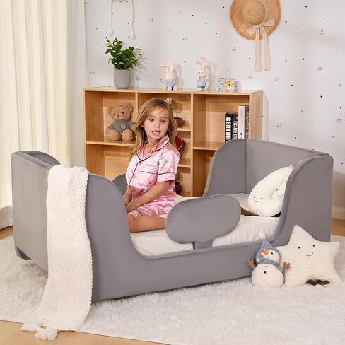 NAIZEA Toddler Bed,Upholstered Montessori Toddler Floor Bed Frame,Crib Size Low Profile Soft Kids Platform Bed for Boys & Girls,White in Saudi Arabia