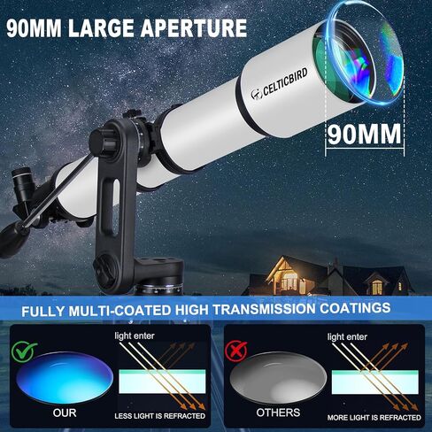 90mm Aperture 800mm Refractor Telescope for Adults High Powered Telescopes for Astronomy Beginners – Professional AZ Mount Tripod, HD Optics, Phone Adapter in Kuwait