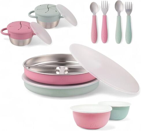Elk and Friends Kids Stainless Steel Mealtime Bundle | Plates, Bowls, Snack Cups + Toddler Utensils | Silicone Suction Sleeves + Travel Storage Lids | For Meals + Snacks | Dishwasher Safe in Kuwait
