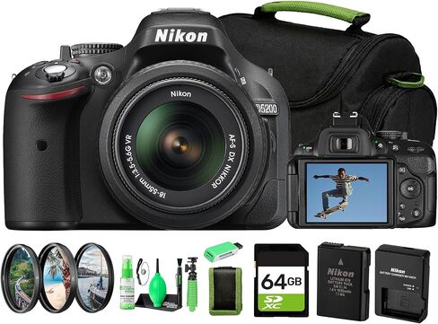 كاميرا Nikon D5200 DSLR مع عدسة II 18-55 مم، 39 نقطة AF، شاشة LCD متغيرة الزاوية، فيديو عالي الدقة 1080 بكسل + بطاقة ذاكرة 64 جيجابايت + حقيبة كاميرا + حامل ثلاثي مرن + المزيد (حزمة مكونة من 15 قطعة) in Kuwait