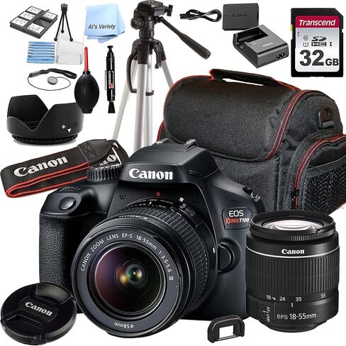 Canon EOS Rebel T100 DSLR Camera w/EF-S 18-55mm F/3.5-5.6 Zoom Lens + 32GB Memory + Case + Tripod + Filters (20pc Bundle) (Renewed) in Kuwait