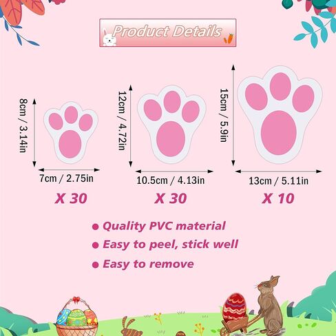 70PCS Removable Easter Bunny Paw Prints Stickers, 3 Size Easter Bunny Feet Stickers Rabbit Paw Decal Bunny Paw Print Clings for Home Office Classroom Floor Easter Party Decorations in Kuwait