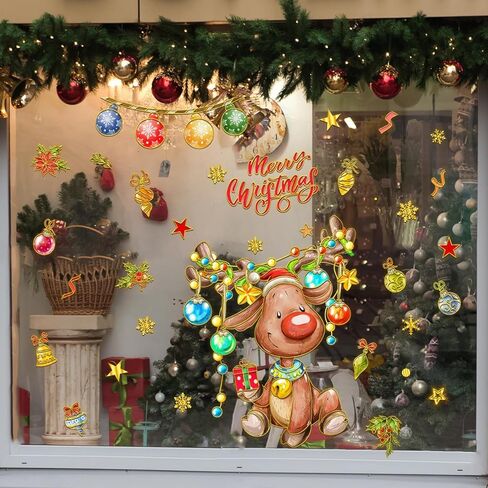 Christmas Window Stickers Xmas Deer Colorful Ball Cings Winter Decal Double Sided Peel and Stick Glass Stickers for Christmas Holiday Home Decoration(Deer) in Kuwait