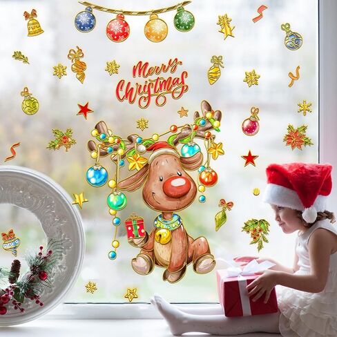 Christmas Window Stickers Xmas Deer Colorful Ball Cings Winter Decal Double Sided Peel and Stick Glass Stickers for Christmas Holiday Home Decoration(Deer) in Kuwait