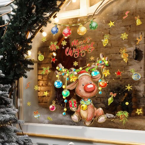 Christmas Window Stickers Xmas Deer Colorful Ball Cings Winter Decal Double Sided Peel and Stick Glass Stickers for Christmas Holiday Home Decoration(Deer) in Kuwait