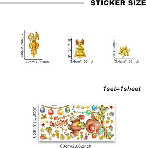 Christmas Window Stickers Xmas Deer Colorful Ball Cings Winter Decal Double Sided Peel and Stick Glass Stickers for Christmas Holiday Home Decoration(Deer) in Kuwait