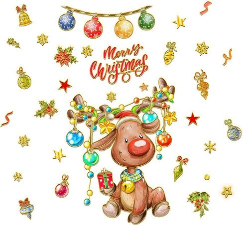 Christmas Window Stickers Xmas Deer Colorful Ball Cings Winter Decal Double Sided Peel and Stick Glass Stickers for Christmas Holiday Home Decoration(Deer) in Kuwait