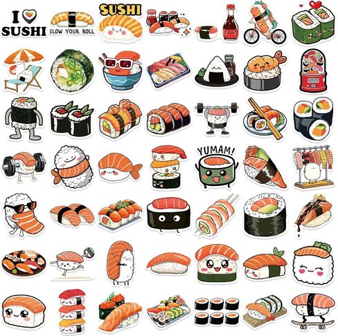 50Pcs Cute Sushi Stickers, Cartoon Japanese Food Waterproof Stickers, Suitable for Decorating notebooks, notebooks, Water Bottles, and Electronic Devices (Sushi) in Saudi Arabia