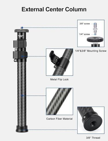 Koolehaoda ألياف الكربون ترايبود تمديد القطب 11-25in مركز عمود تمديد قضيب Monopod تلسكوبي عصا أنبوب مع 1/4 "إلى 3/8" المسمار متوافق مع الكاميرا/حوامل ثلاثية/رأس الكرة/Gimbal in Kuwait