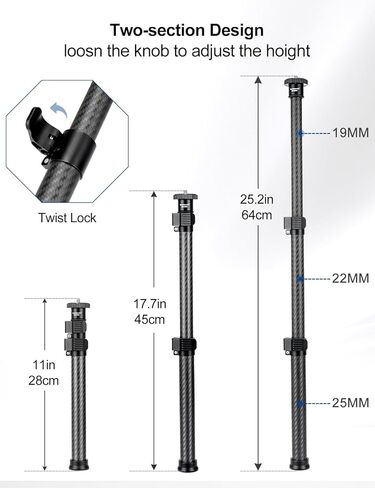 Koolehaoda ألياف الكربون ترايبود تمديد القطب 11-25in مركز عمود تمديد قضيب Monopod تلسكوبي عصا أنبوب مع 1/4 "إلى 3/8" المسمار متوافق مع الكاميرا/حوامل ثلاثية/رأس الكرة/Gimbal in Kuwait