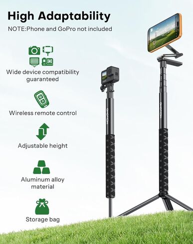 OMOTON CV08-B1 Golf Tripod & Monopod, 5-in-1 Pro Kit (Magnetic Phone Mount+Spike+Tripod+Remote+Action Camera Adapter), 59" Extendable Pole for Golf Swing Recording, Fit for iPhone, Android, GoPro in Kuwait