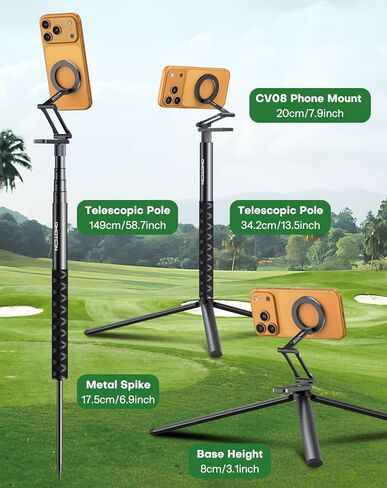 OMOTON CV08-B1 Golf Tripod & Monopod, 5-in-1 Pro Kit (Magnetic Phone Mount+Spike+Tripod+Remote+Action Camera Adapter), 59" Extendable Pole for Golf Swing Recording, Fit for iPhone, Android, GoPro in Kuwait