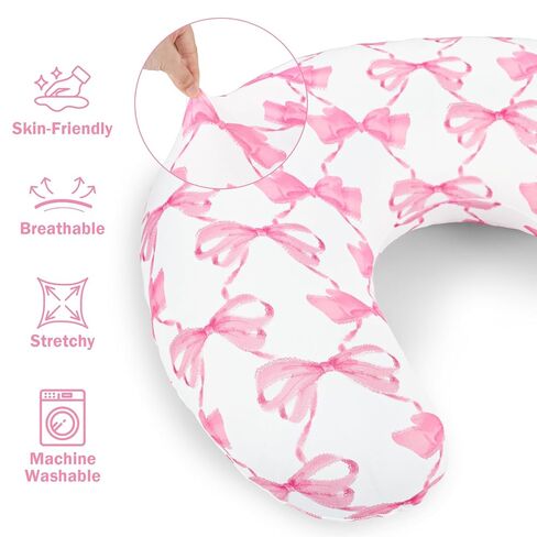 Nursing Pillow Cover 2 Pack, Stretchy Breastfeeding Pillow Covers, Removable Feeding Pillowcase for Newborn, Ultra Soft Nursing Pillow Slipcover for Baby Girls Boys, Pink Bow in Saudi Arabia