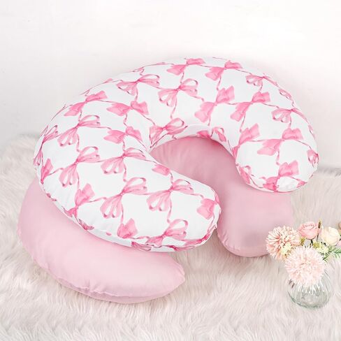 Nursing Pillow Cover 2 Pack, Stretchy Breastfeeding Pillow Covers, Removable Feeding Pillowcase for Newborn, Ultra Soft Nursing Pillow Slipcover for Baby Girls Boys, Pink Bow in Saudi Arabia