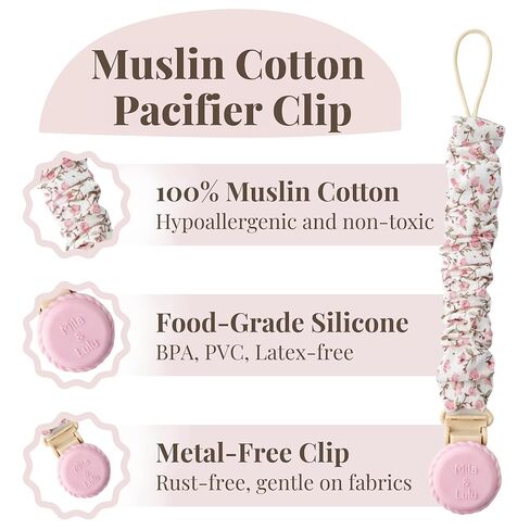 Muslin Cotton Pacifier Clips - Metal-Free, Lightweight and Secure Pacifier Holder for Babies (Ballerina Fleur) - Mila & Lulu in Kuwait