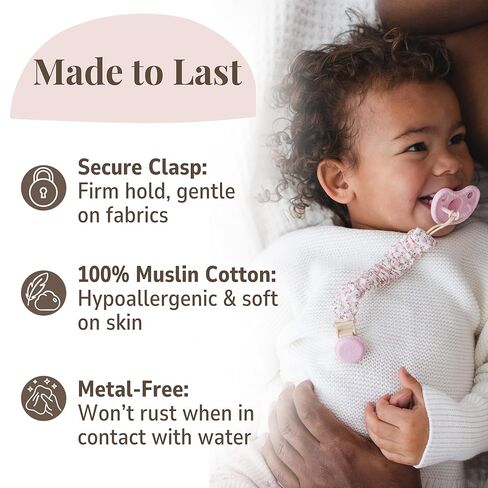Muslin Cotton Pacifier Clips - Metal-Free, Lightweight and Secure Pacifier Holder for Babies (Ballerina Fleur) - Mila & Lulu in Kuwait
