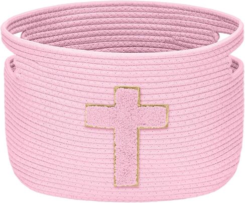 Sliner Baptisms Gifts Basket with Handles, Baptisms Cross Design Cotton Rope Basket Gifts Stuffers Storage for Christenings First Communions Religious Occasions, 15 x 10 x 9 Inch(Blue) in Kuwait