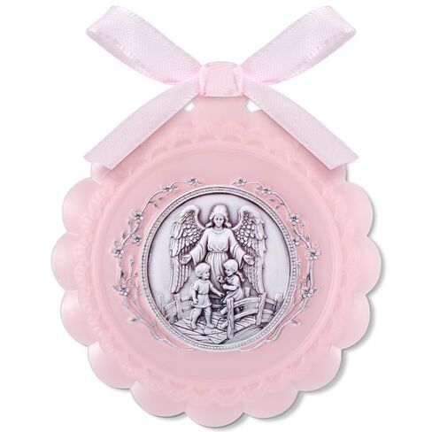 Kenning Acrylic White Crib Medal with Guardian Angel White Ribbon Round Religious Crib Medal Nursery Baptism Christening Gift, 3.4 Inch in Kuwait