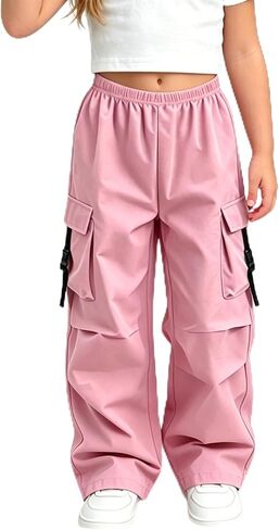 Toddler Little Girls Cargo Pants Wide Leg Baggy Hip Hop Trousers Parachute Pants with Elastic Waist in Kuwait