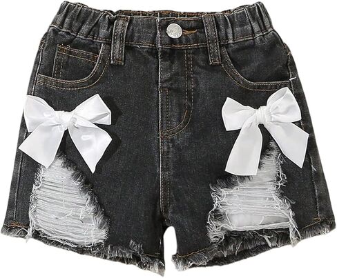 RoseSeek Toddler Girl's Bowknot Ripped Distressed Mini Denim Shorts Raw Hem Skinny Jean Shorts in Saudi Arabia