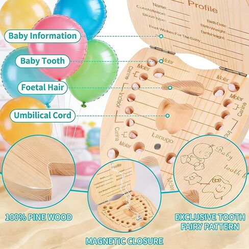 Eco-friendly Wooden Tooth Fairy Box - Unique Tooth Shaped Keepsake Organizer for Kids Lost Teeth, 20 Holes Children's Tooth Holder for Childhood Memories(1 PCS) in Kuwait