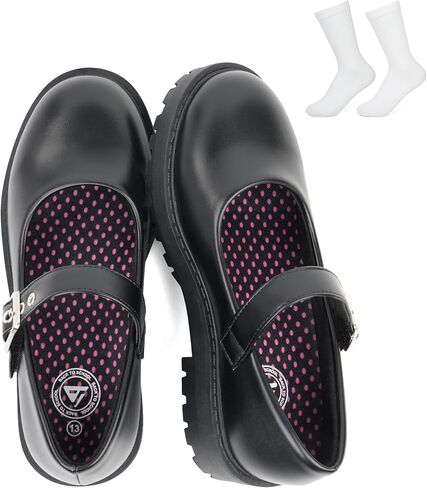 JABASIC Girls Mary Jane School Shoes with Socks Set Black Uniform Shoes Hook Loop Shoes for Kids in Kuwait