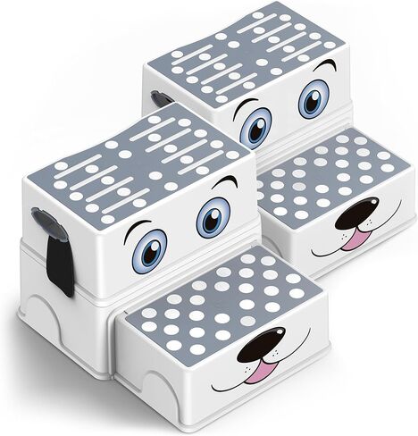 Toddler Step Stool for Bathroom Sink, Cartoon Dog 2 Step Stool for Kids, Anti-Slip Kids Stool for Toilet Potty Training & Kitchen, Cute Dog Design Stepping Stool, 2 Pack, Grey in Kuwait