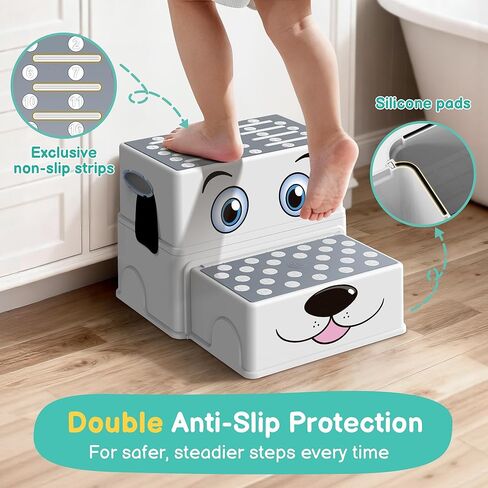 Toddler Step Stool for Bathroom Sink, Cartoon Dog 2 Step Stool for Kids, Anti-Slip Kids Stool for Toilet Potty Training & Kitchen, Cute Dog Design Stepping Stool, 2 Pack, Grey in Kuwait