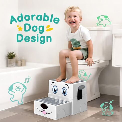 Toddler Step Stool for Bathroom Sink, Cartoon Dog 2 Step Stool for Kids, Anti-Slip Kids Stool for Toilet Potty Training & Kitchen, Cute Dog Design Stepping Stool, 2 Pack, Grey in Kuwait