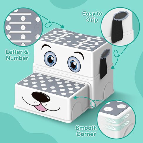 Toddler Step Stool for Bathroom Sink, Cartoon Dog 2 Step Stool for Kids, Anti-Slip Kids Stool for Toilet Potty Training & Kitchen, Cute Dog Design Stepping Stool, 2 Pack, Grey in Kuwait