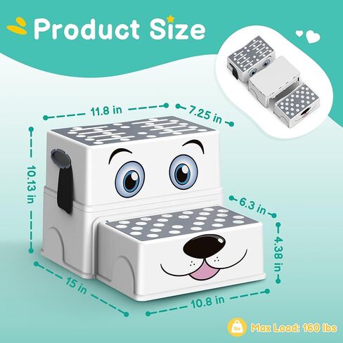Toddler Step Stool for Bathroom Sink, Cartoon Dog 2 Step Stool for Kids, Anti-Slip Kids Stool for Toilet Potty Training & Kitchen, Cute Dog Design Stepping Stool, 2 Pack, Grey in Kuwait