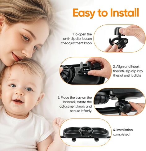 صينية الوجبات الخفيفة متوافقة مع Baby Jogger City Mini GT2 - ملحق صينية الوجبات الخفيفة لعربة الأطفال 3 في 1 خالية من مادة BPA مع حاملات أكواب عميقة، سهلة التركيب، تناسب المقود المنحني للداخل in Kuwait