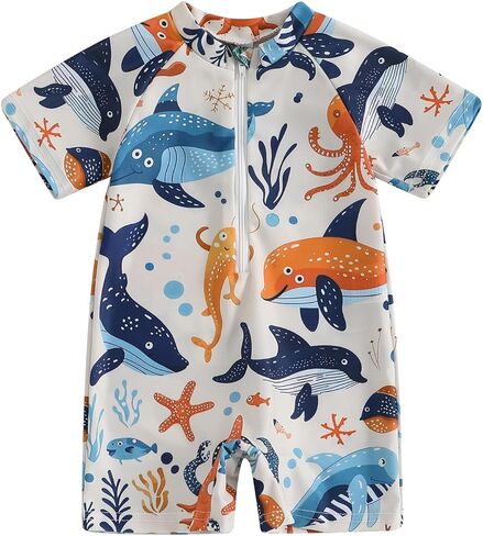 Newborn Infant Baby Boy Girls Shark One Piece Swimsuit Short Sleeve Zip Up Rash Guard Swimwear Beach Bathing Suits in Saudi Arabia