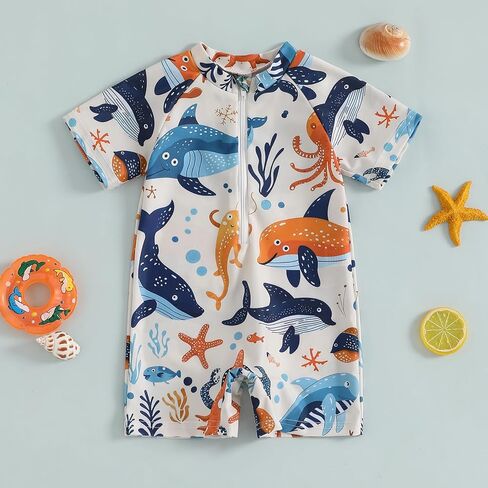 Newborn Infant Baby Boy Girls Shark One Piece Swimsuit Short Sleeve Zip Up Rash Guard Swimwear Beach Bathing Suits in Saudi Arabia