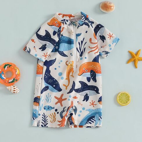 Newborn Infant Baby Boy Girls Shark One Piece Swimsuit Short Sleeve Zip Up Rash Guard Swimwear Beach Bathing Suits in Saudi Arabia