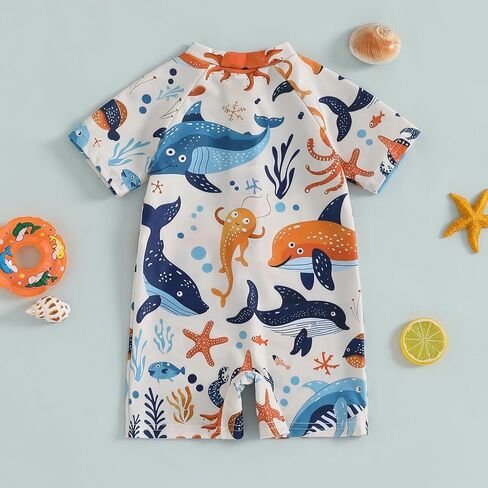 Newborn Infant Baby Boy Girls Shark One Piece Swimsuit Short Sleeve Zip Up Rash Guard Swimwear Beach Bathing Suits in Saudi Arabia
