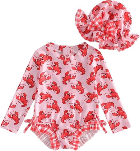 Toddler Baby Girls Lobster Swimsuit Long Sleeve One Piece Rash Guard Bathing Suit Ruffle Zipper Swimwear with Sun Hat in Saudi Arabia
